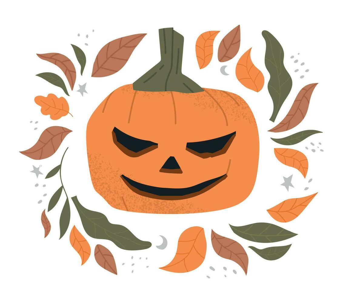 Funny Halloween sticker with an evil pumpkin. Autumn illustration with leaves. vector