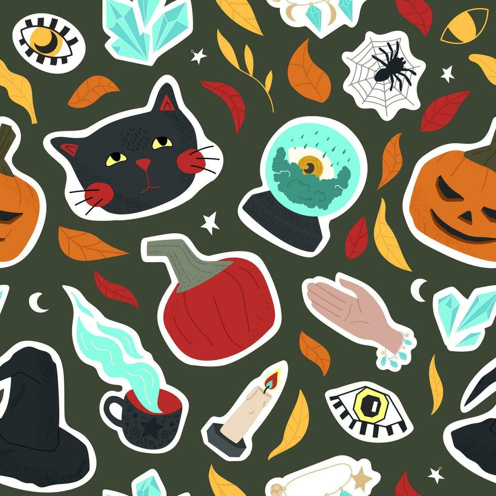 dark seamless pattern of cute Halloween symbols - black cat, eyes, witch hat, pumpkins, spiders, fortune telling ball, crystals, autumn leaves. illustration for wrapping paper, background, wallpaper vector