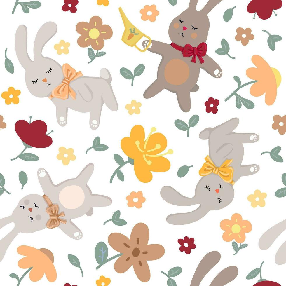 vector seamless pattern of cute bunnies and flowers. characters illustration. for newborn baby clothes, fabrics, bed linen, wallpaper, wrapping paper