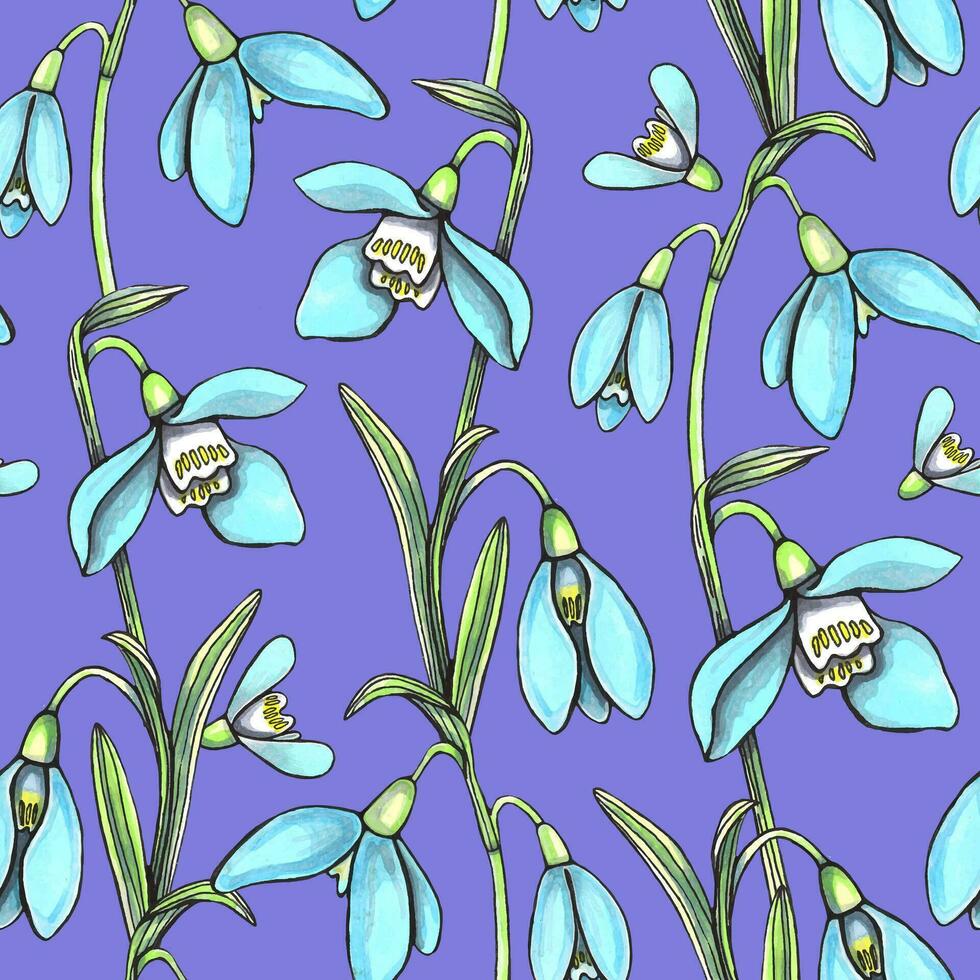 Spring seamless pattern of snowdrop flowers and leaves. Vector hand drawn illustration.