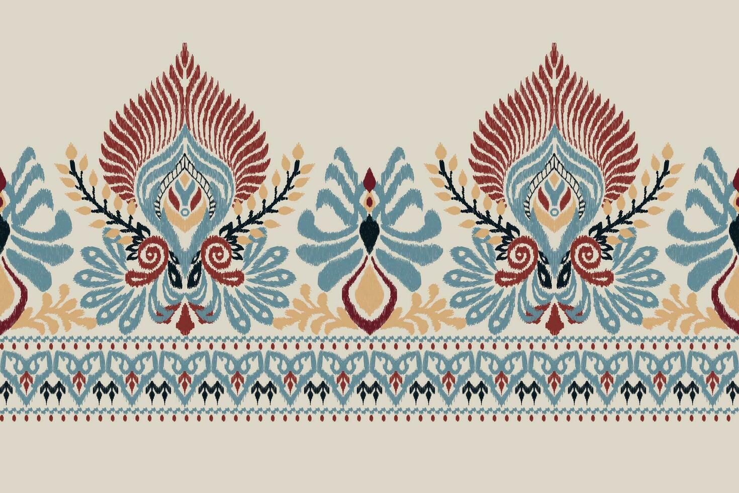 ikat floral escote cachemir bordado en gris fondo.boho escote modelo tradicional.azteca estilo resumen vector ilustración.diseño para textura,tela,ropa,moda mujer vistiendo, envolviendo