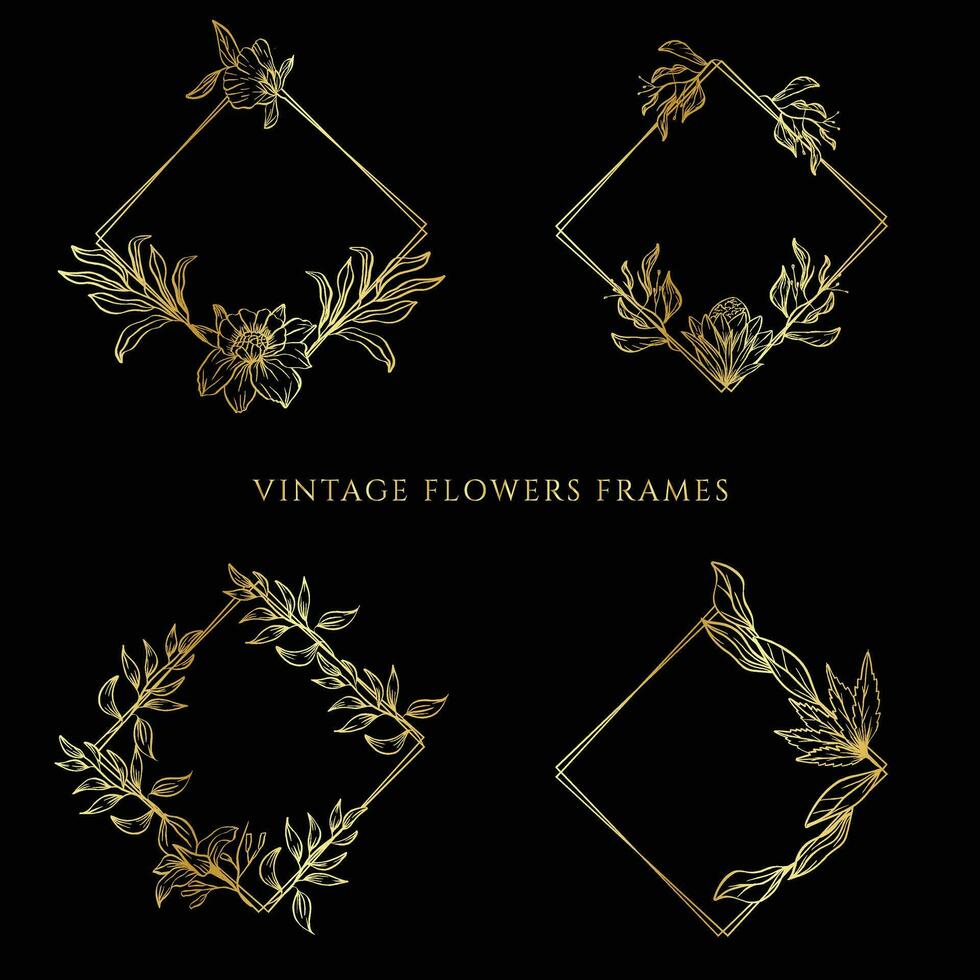 Vintage Floral Frame Wedding Golden Frame. Flower Frame Background. Vintage Floral Elements. vector