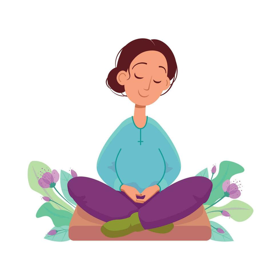 calma niña meditando en el almohada con flores aislado en blanco antecedentes. vector acortar Arte para huellas dactilares, pegatinas, yoga blogs, espiritual.