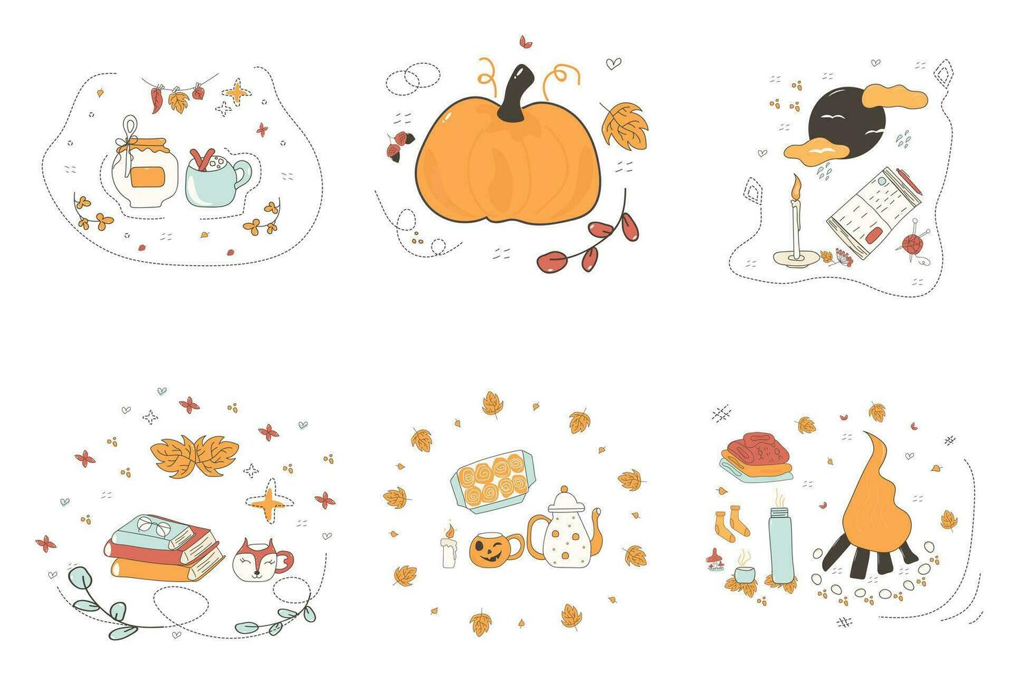 Vector Set of autumn stickers with pumpkin, warm jacket, cup with hot drink, decorated with acorns and leaves