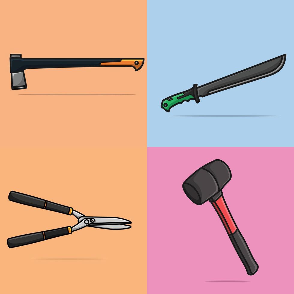 Sledge Hammer, Ax Hammer, Sword Knight and Hedge Shears Cutter working elements collection vector illustration.