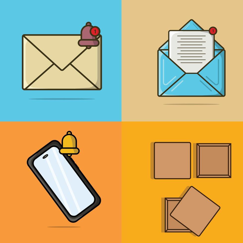 Set of mail,boxes and Smart phone with Blank Screen and Notification Bell vector illustration.