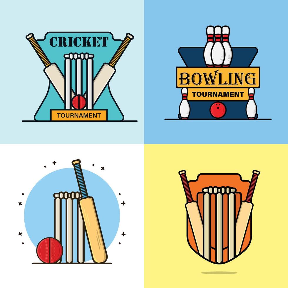 Set of Cricket Badge and Bowling Ball Badge sports game elements vector illustration.