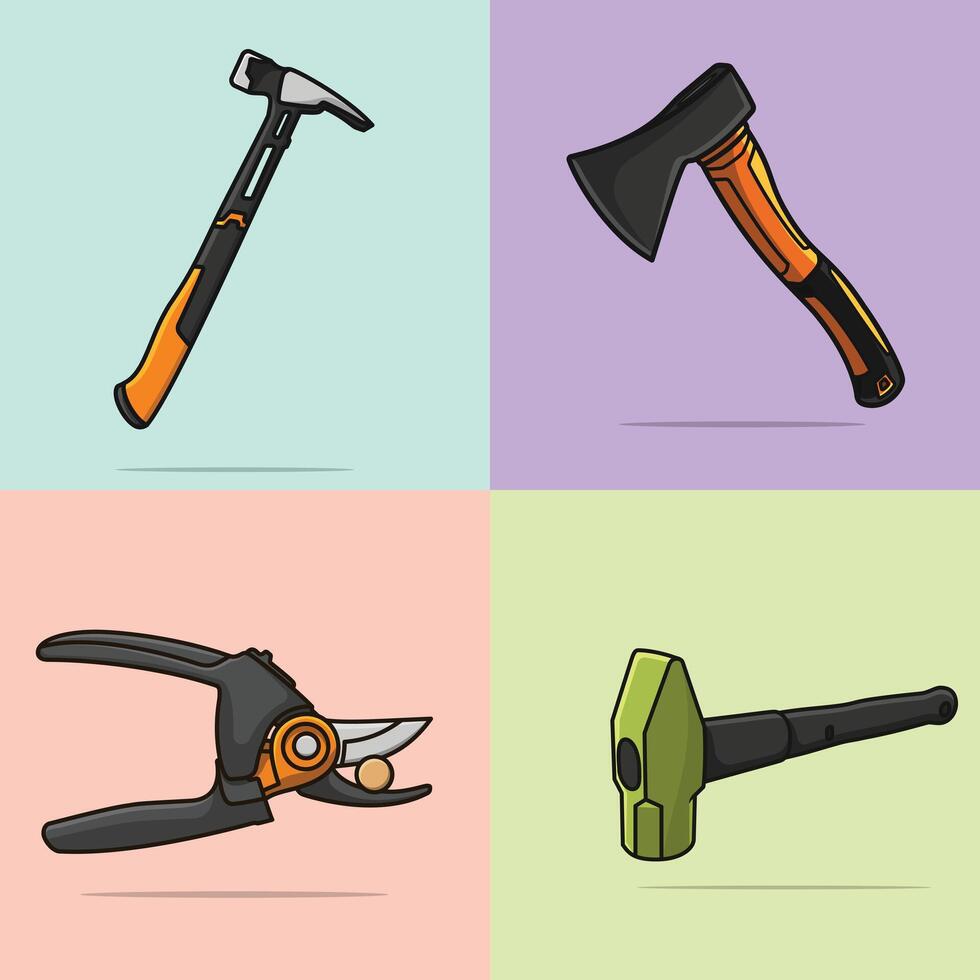 Carpenter Hammer, Ax Hammer, Hammer and Cable Cutter working elements collection vector illustration.