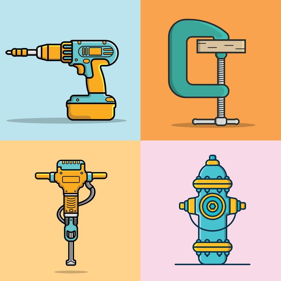 Collection of Construction, Carpenter Working and Safety Tools vector illustration.