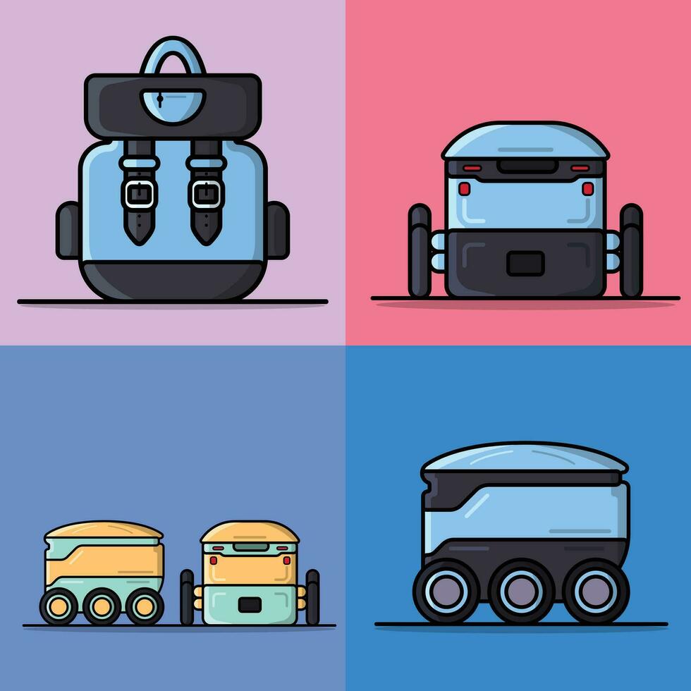 Collection of Modern Robot Delivery and School Bag vector illustration.