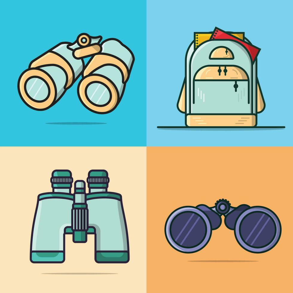 Collection of Binoculars Optical Instrument and School Bag vector illustration.