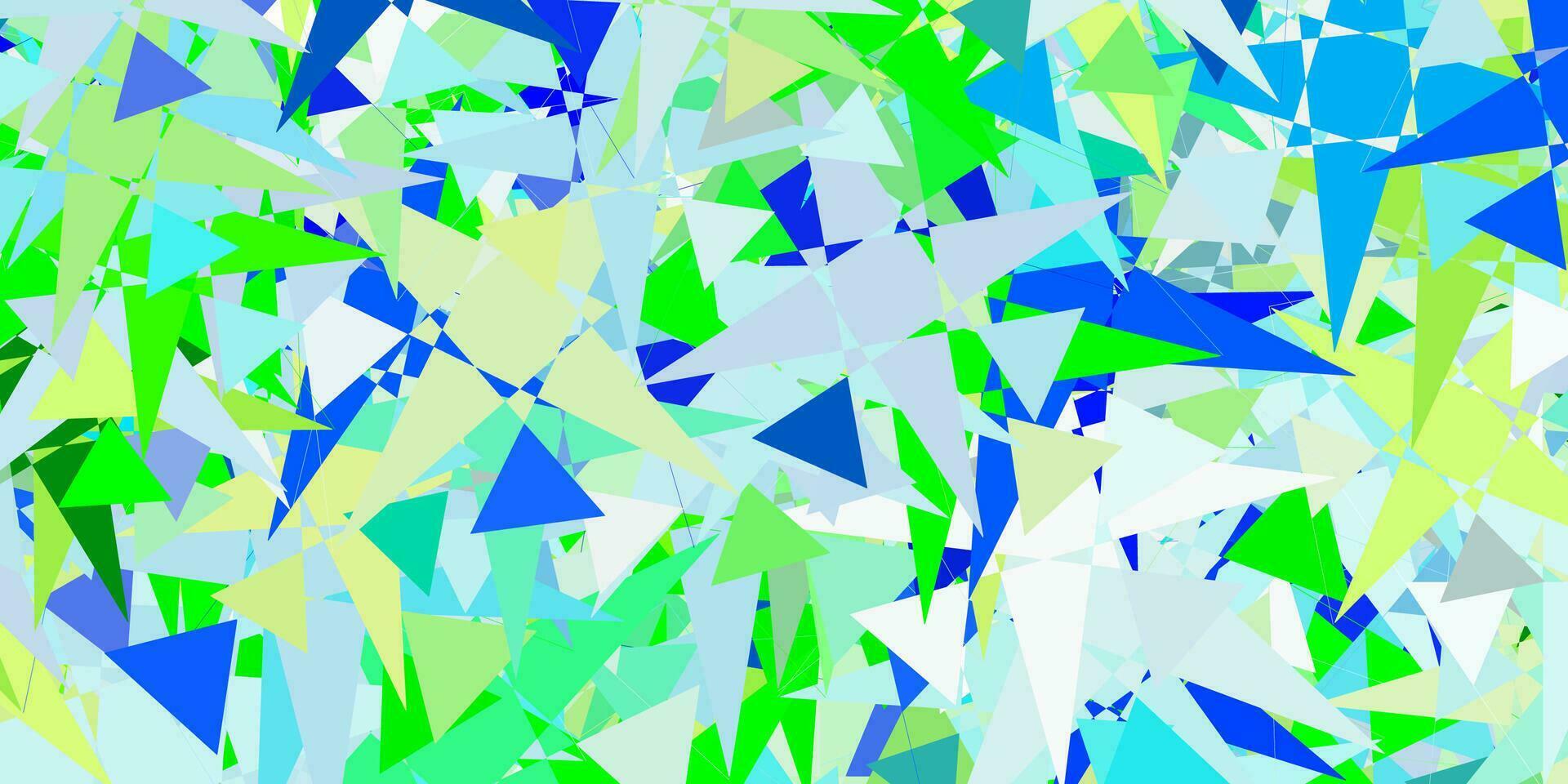 Telón de fondo de vector azul claro, verde con triángulos, líneas.