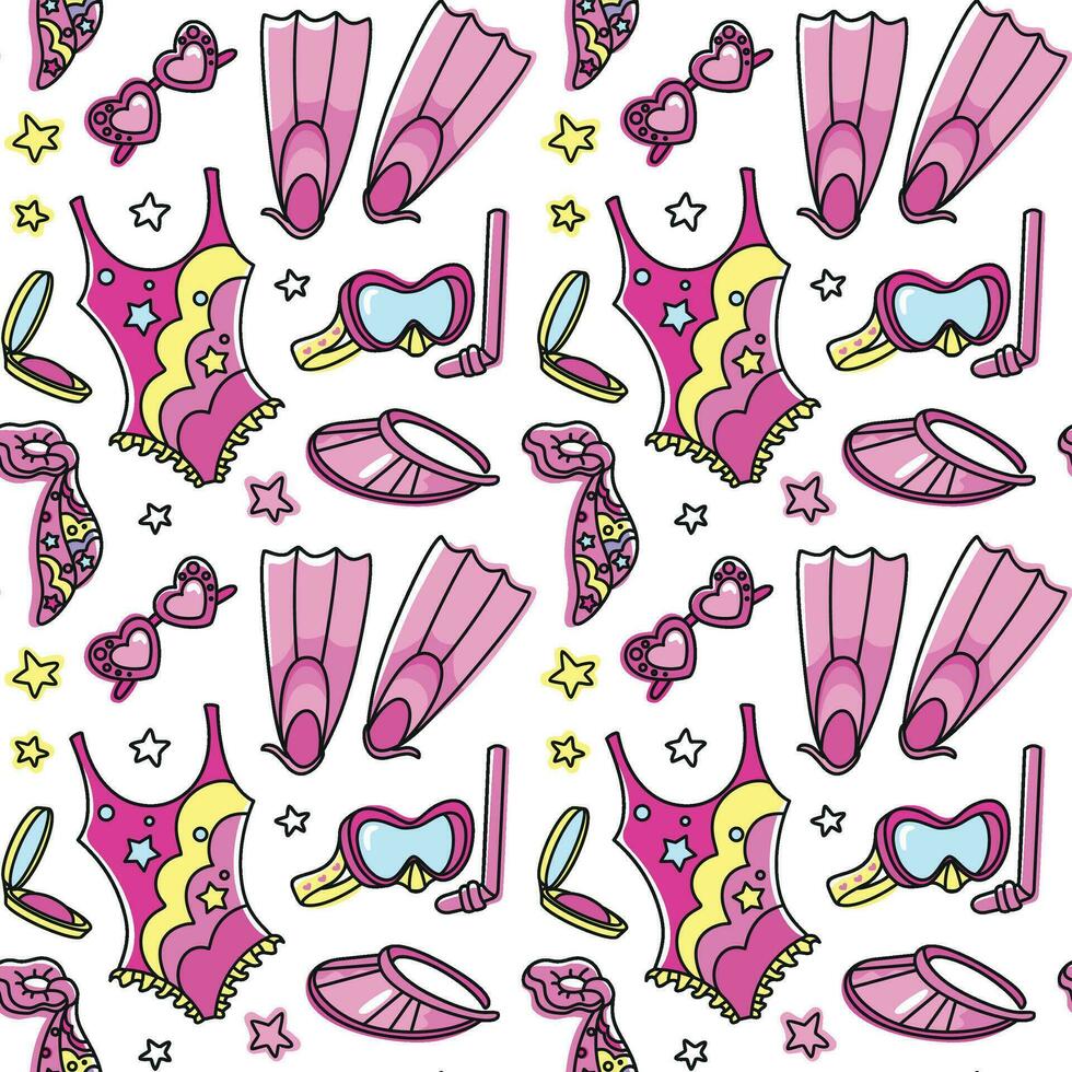 Swimsuit, diving mask, fins and other summer accessories in pink colors. Seamless pattern. Vector. vector