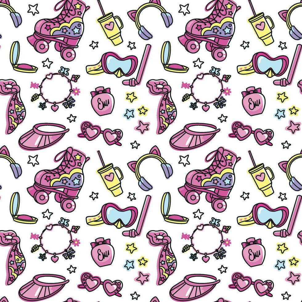 oller skate, sunglasses, diving mask and other summer accessories in pink colors on style. Seamless pattern. Vector. vector