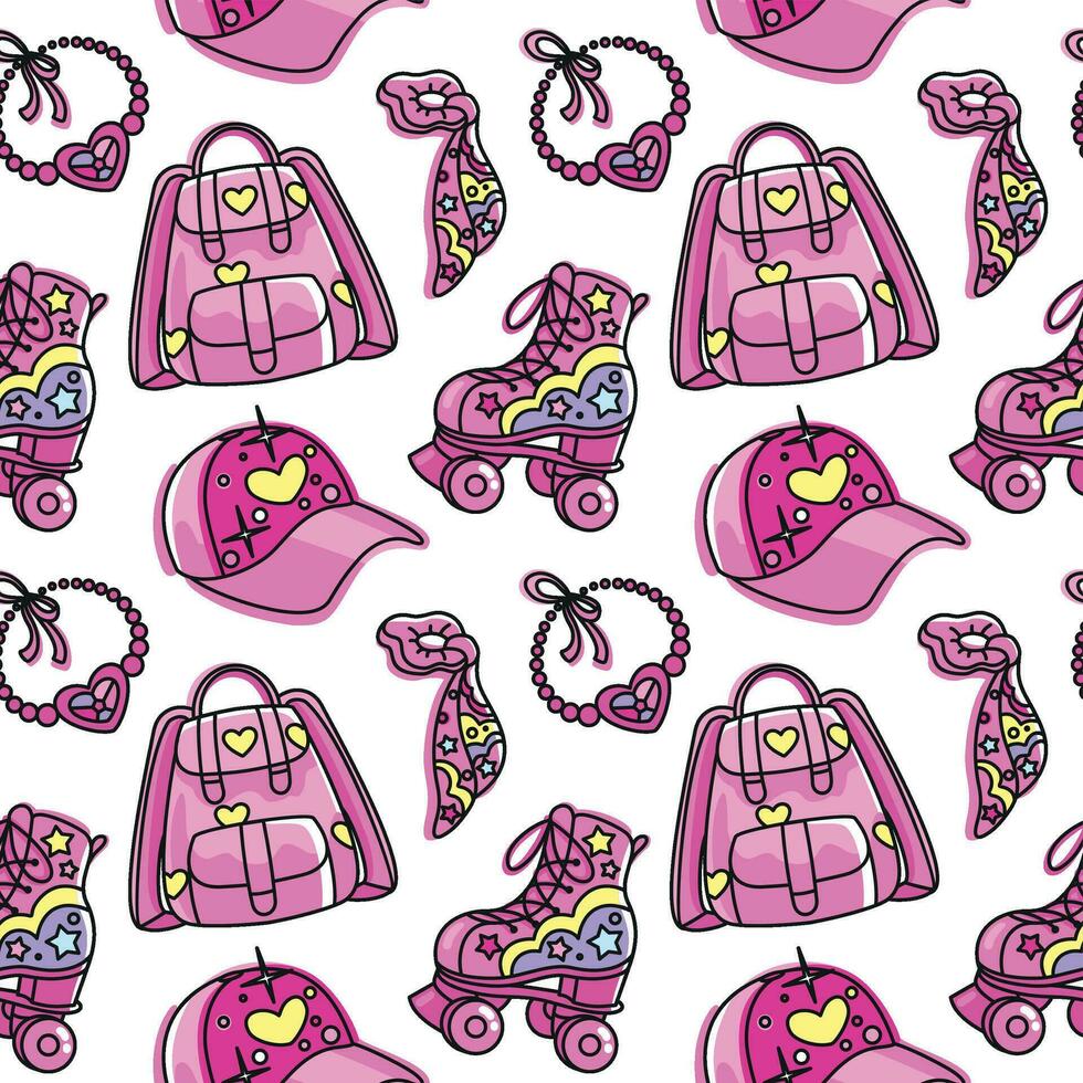 Roller skates, backpack, sunglasses, necklace and other cool girl accessories in pink colors. Seamless pattern. Vector. vector
