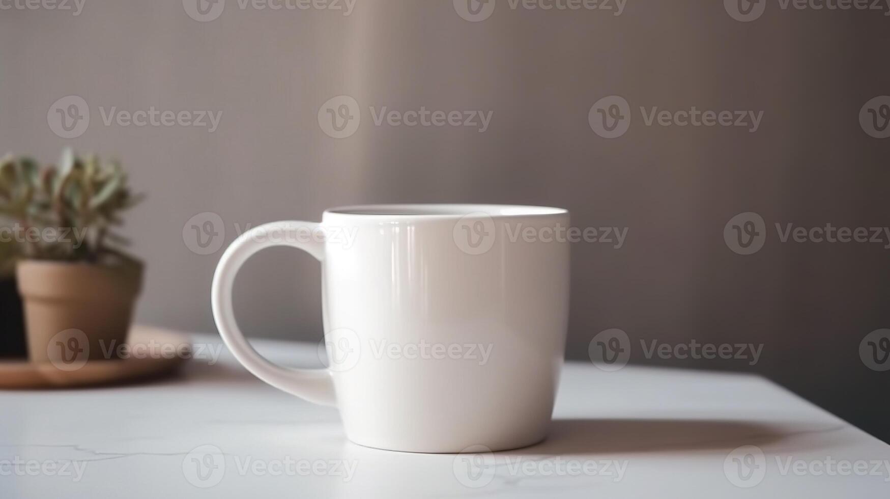 generativo ai, blanco cerámico taza configuración en a hogar interior, jarra burlarse de arriba blanco. foto