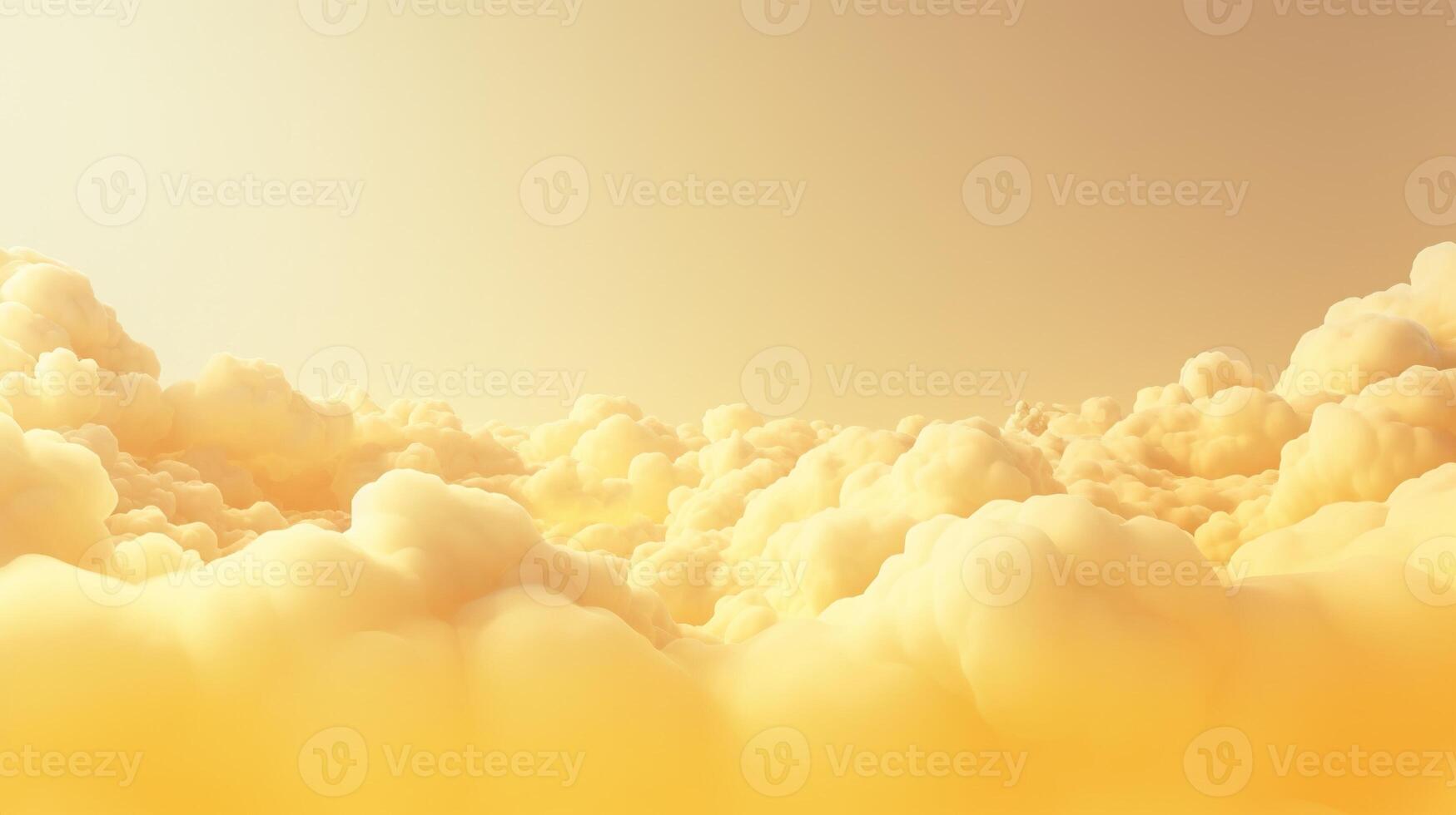 Generative AI, Light yellow fantastic 3d clouds on the floor, sky and landscape. Gentle colors and with bright lights. photo