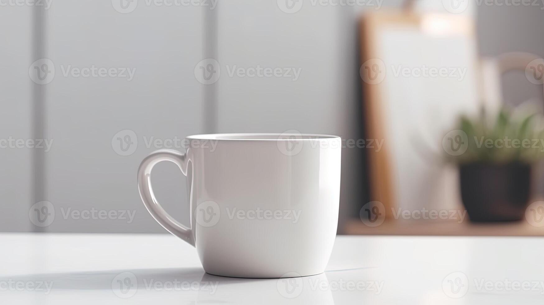 generativo ai, blanco cerámico taza configuración en a hogar interior, jarra burlarse de arriba blanco. foto