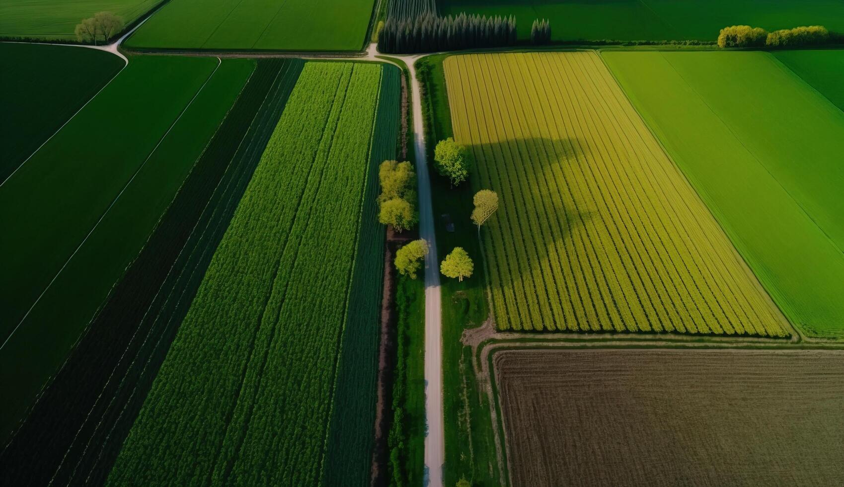 Generative AI, Farm landscape, agricultural fields, beautiful countryside, country road. Nature Illustration, photorealistic top view drone, horizontal banner. photo