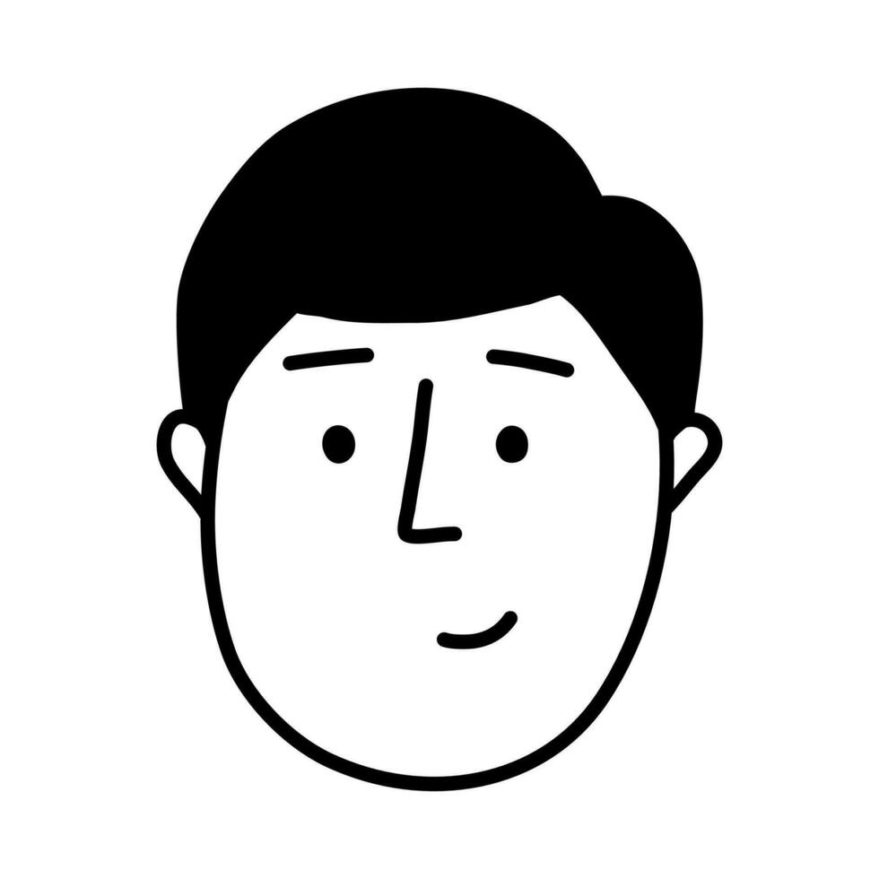 Neutral cute male face with modern hair styling. Simple vector illustration in line doodle style