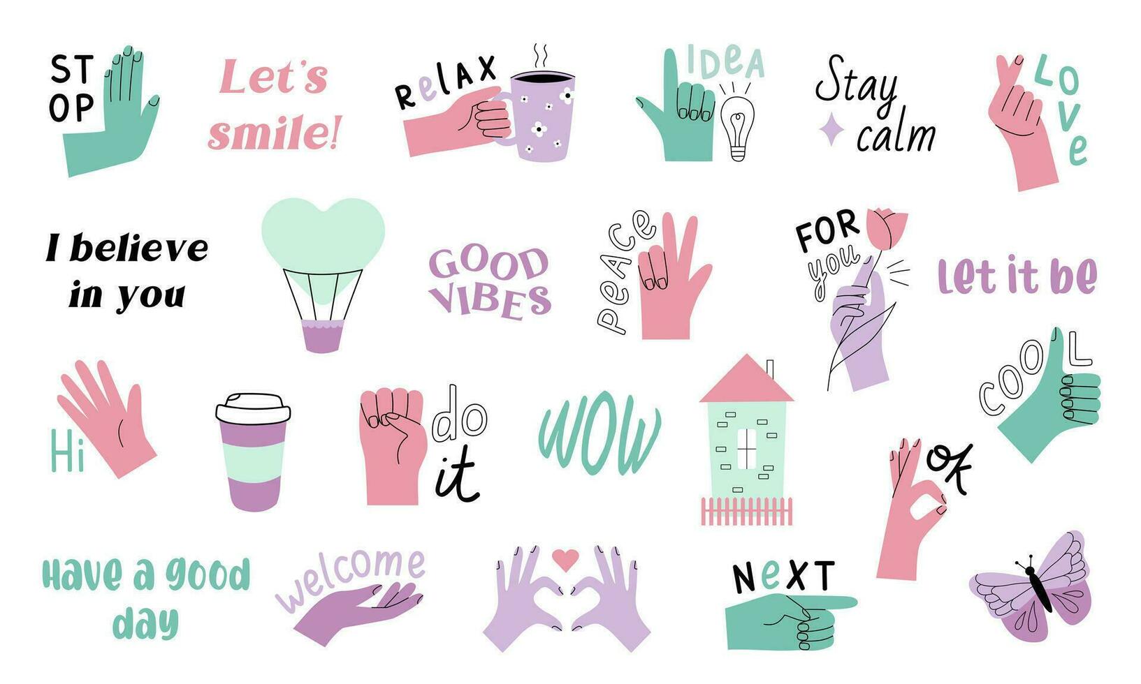 Romantic positive sticker pack with messages and cute elements. Perfect for print, greeting card, stationery vector