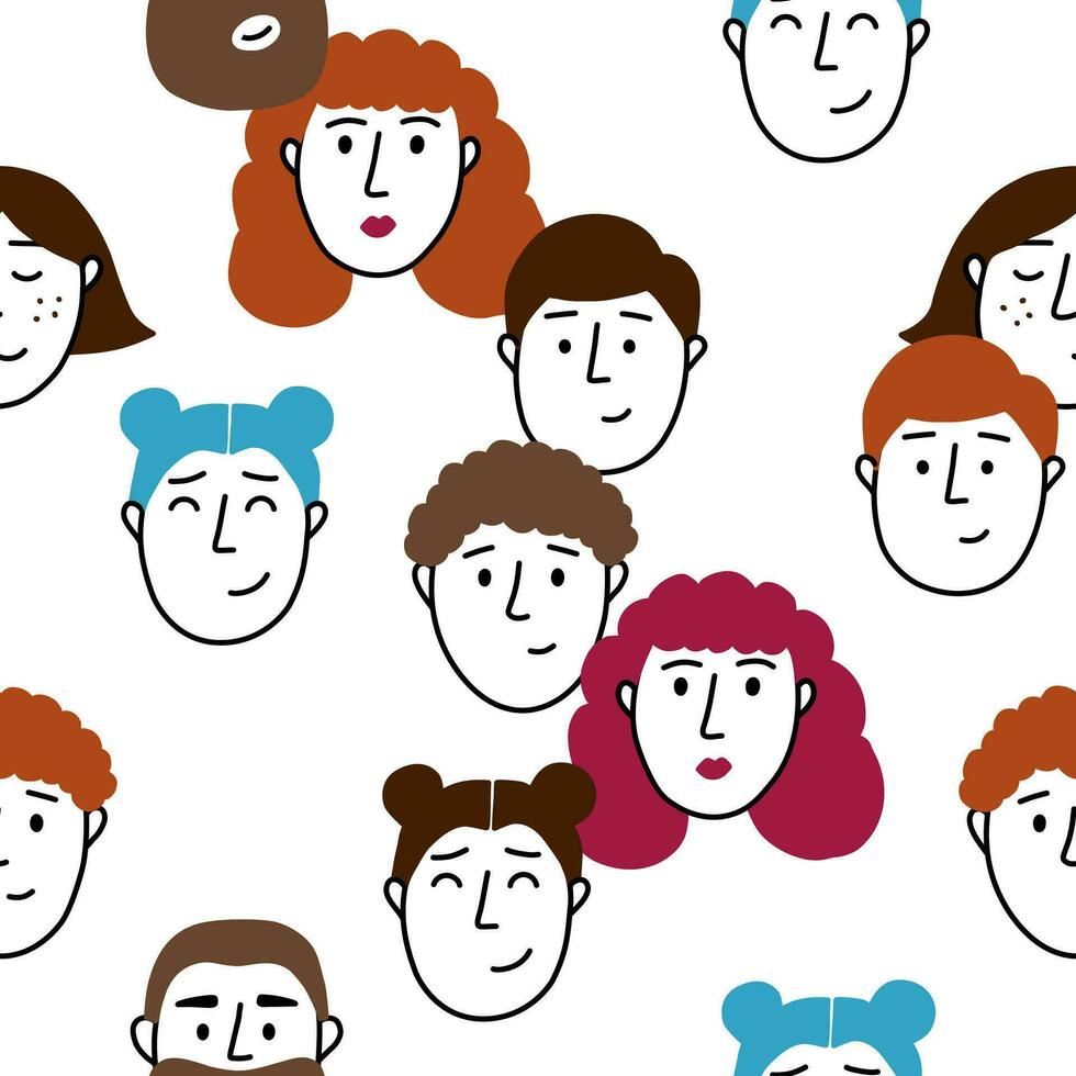 Childish seamless pattern with cute different faces in doodle style. Perfect for diversity concept or baby's textile vector