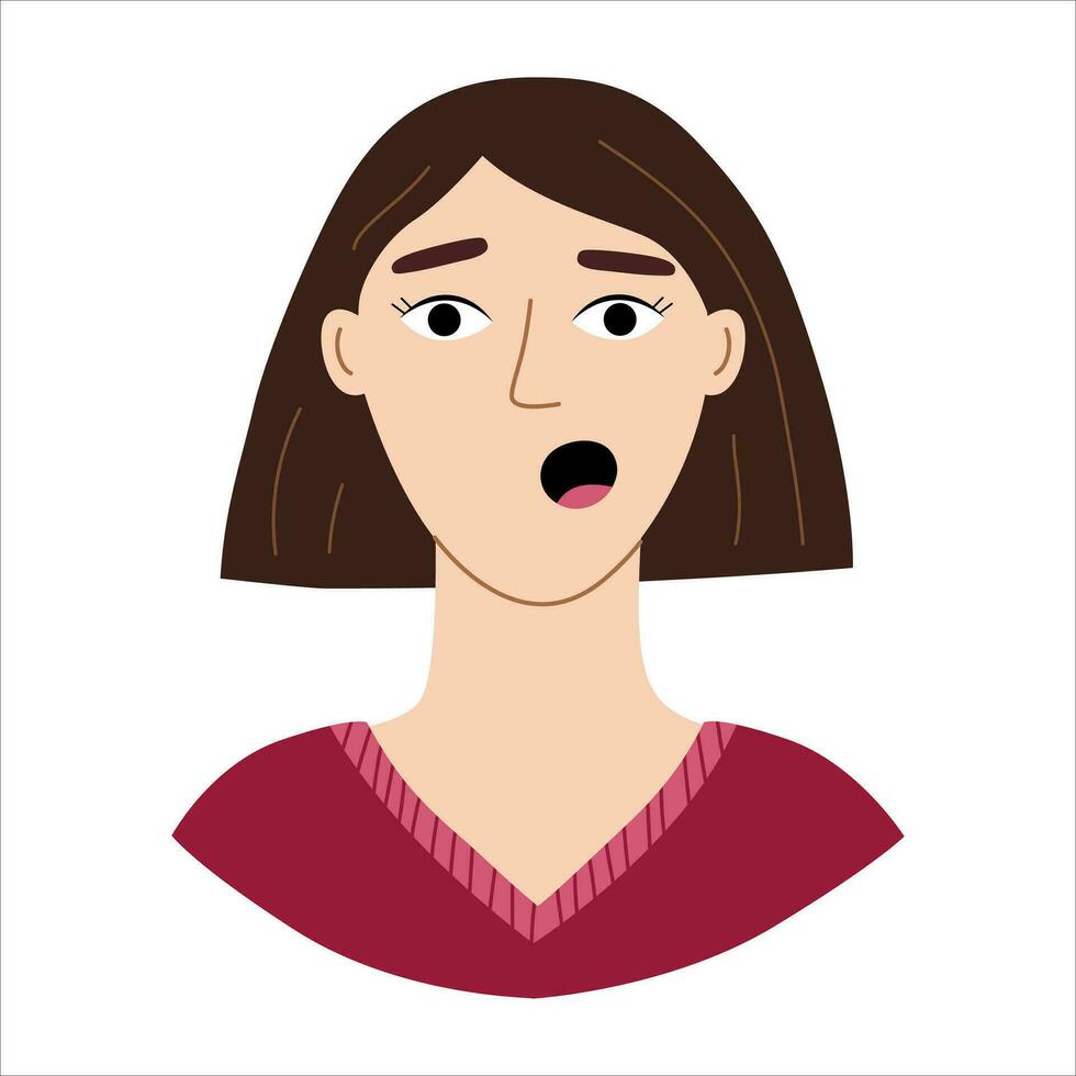 Scared woman's face with a square haircut in a flat style. Modern vector character with expression emotions