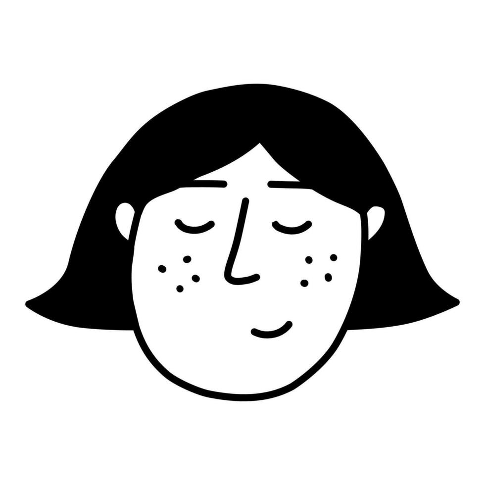 Cute young female face with freckles. Simple vector illustration in line doodle style perfect for sticker or emoji