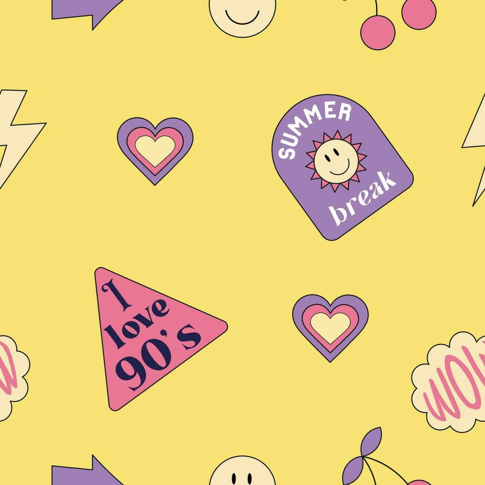 Minimalistic yellow seamless pattern with retro shapes, smiles and stickers. 1990s style colorful positive vector wallpaper