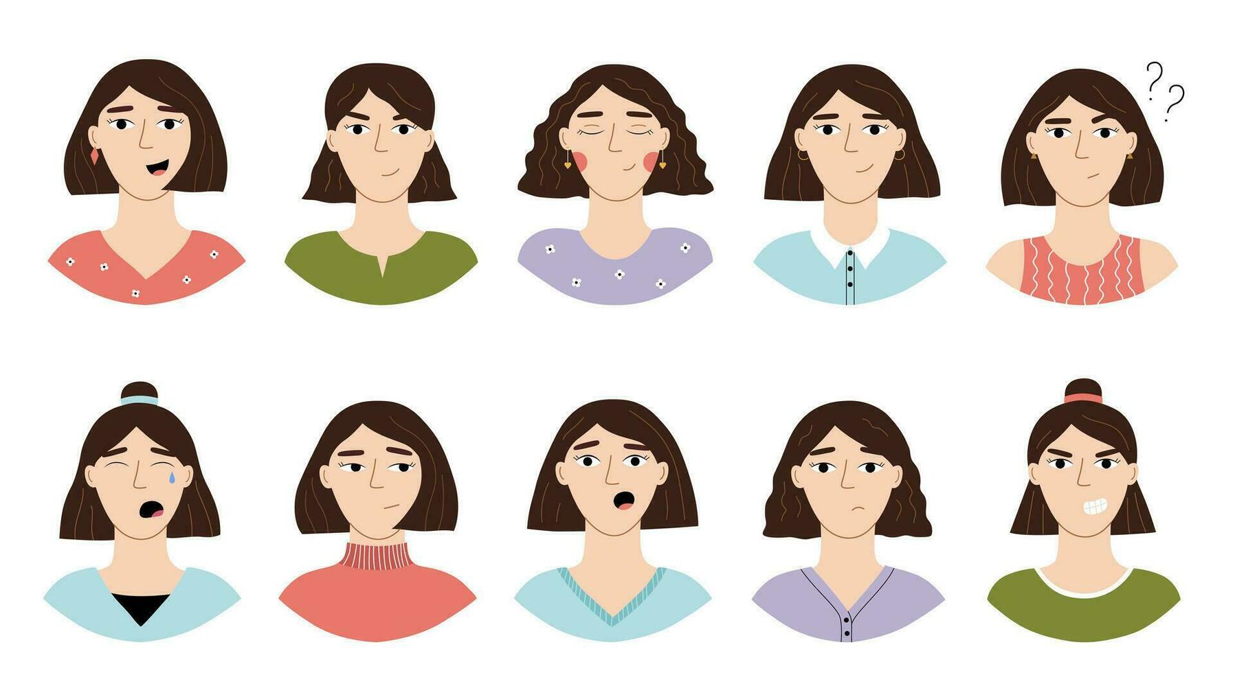 conjunto de mujer caras con diferente ropa y peinados moderno vector ilustración con neutral, negativo y positivo emociones