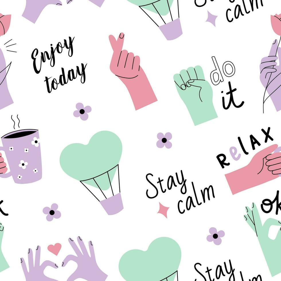 Positive seamless pattern with self love and calm concept. Perfect for print, greeting card, stationery vector