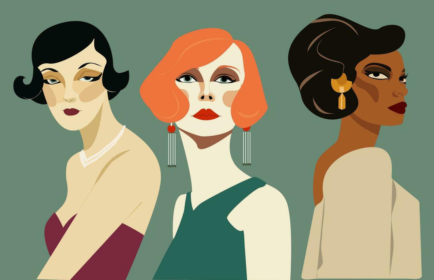 Three elegant women isolated on background. Lady in luxurious fashion style. Retro models. Vector hand drawn illustration.