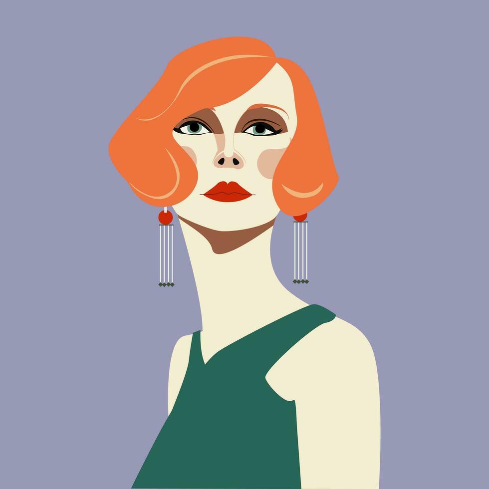 Portrait of an elegant red-haired woman. Retro style. Vector flat illustration.Glamor lady.