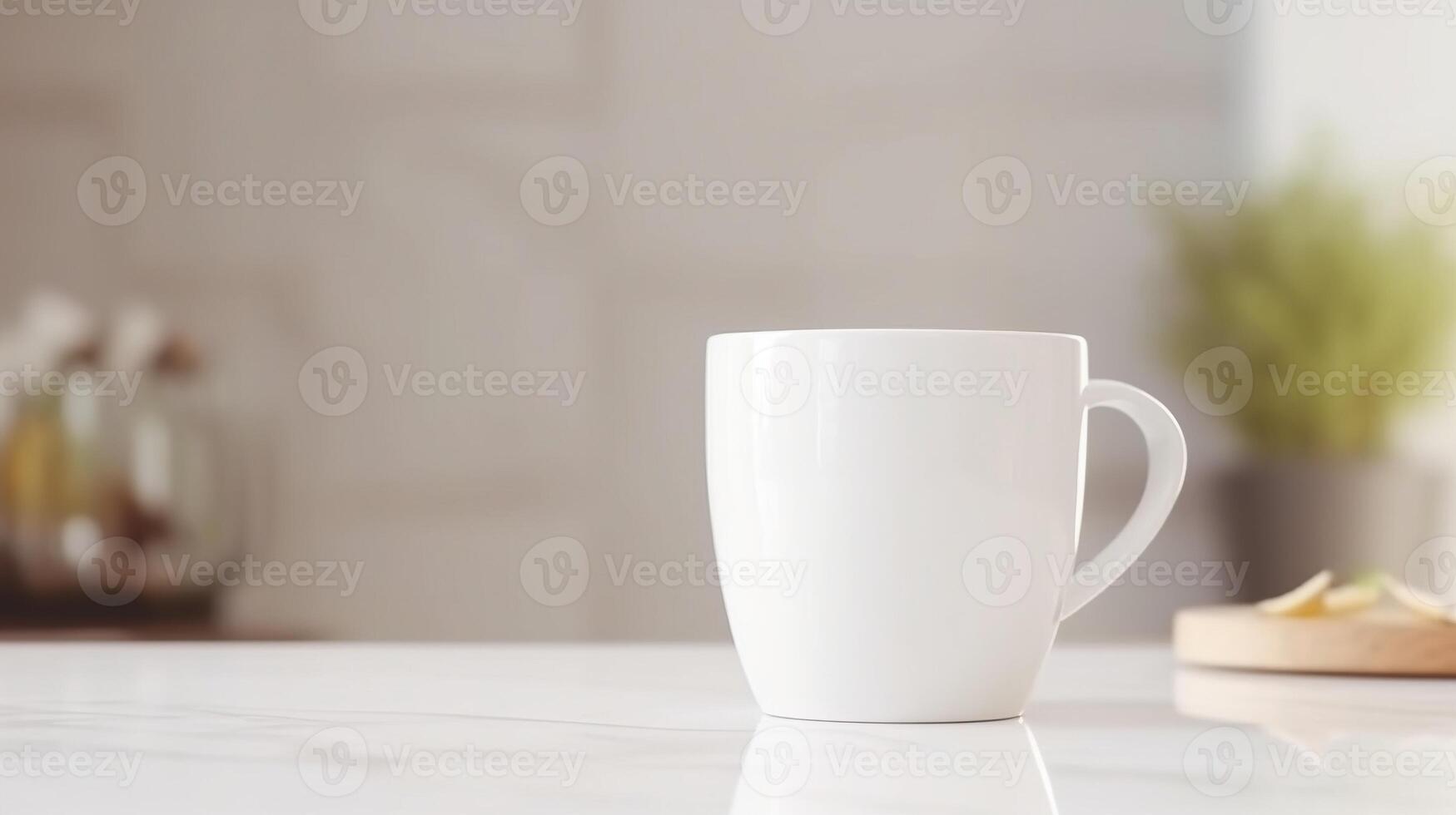 Generative AI, White ceramic cup set-up in at home interior, mug mock up blank. photo