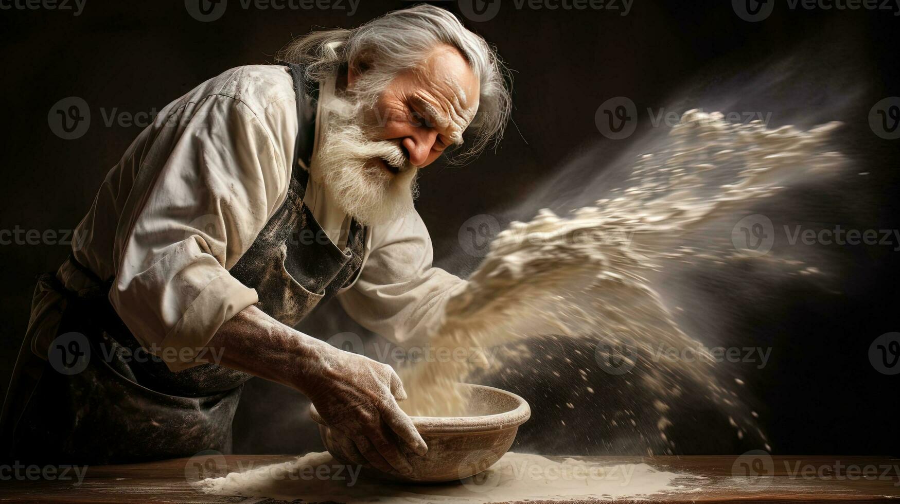 Generative AI, Old man hands of baker in restaurant or home kitchen, prepares ecologically natural pastries. photo