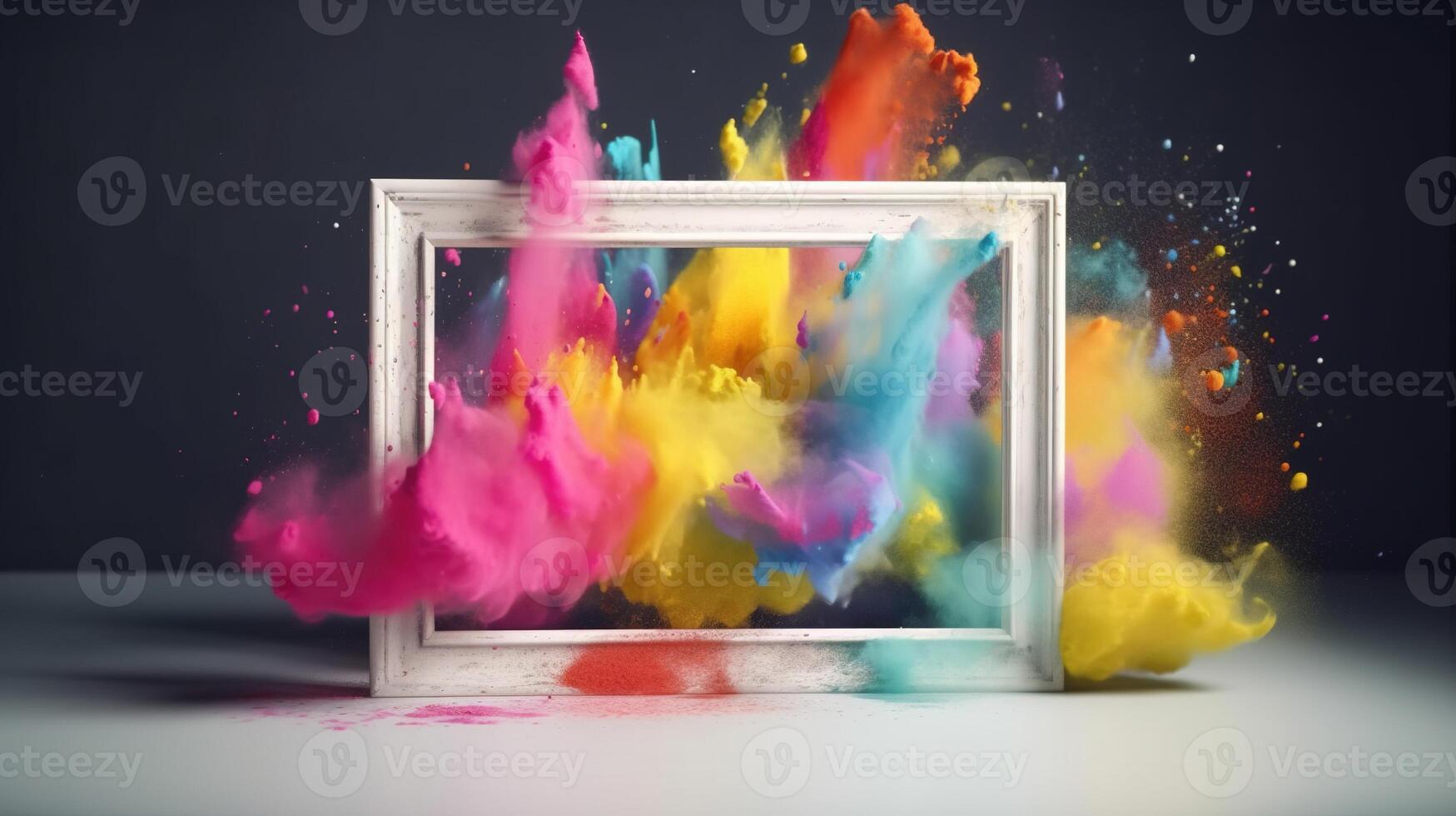 Generative AI, Frame with colorful holi powder paint explosion, creative splash, multicolor cloud photo