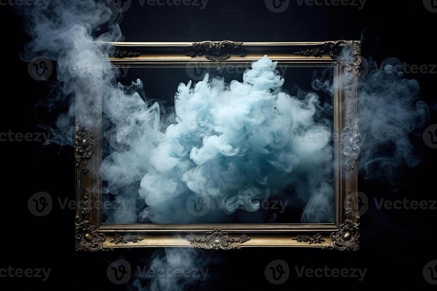 , Blue flowing smoke around empty vintage beautiful frame. Copy space, frame mock up blank photo