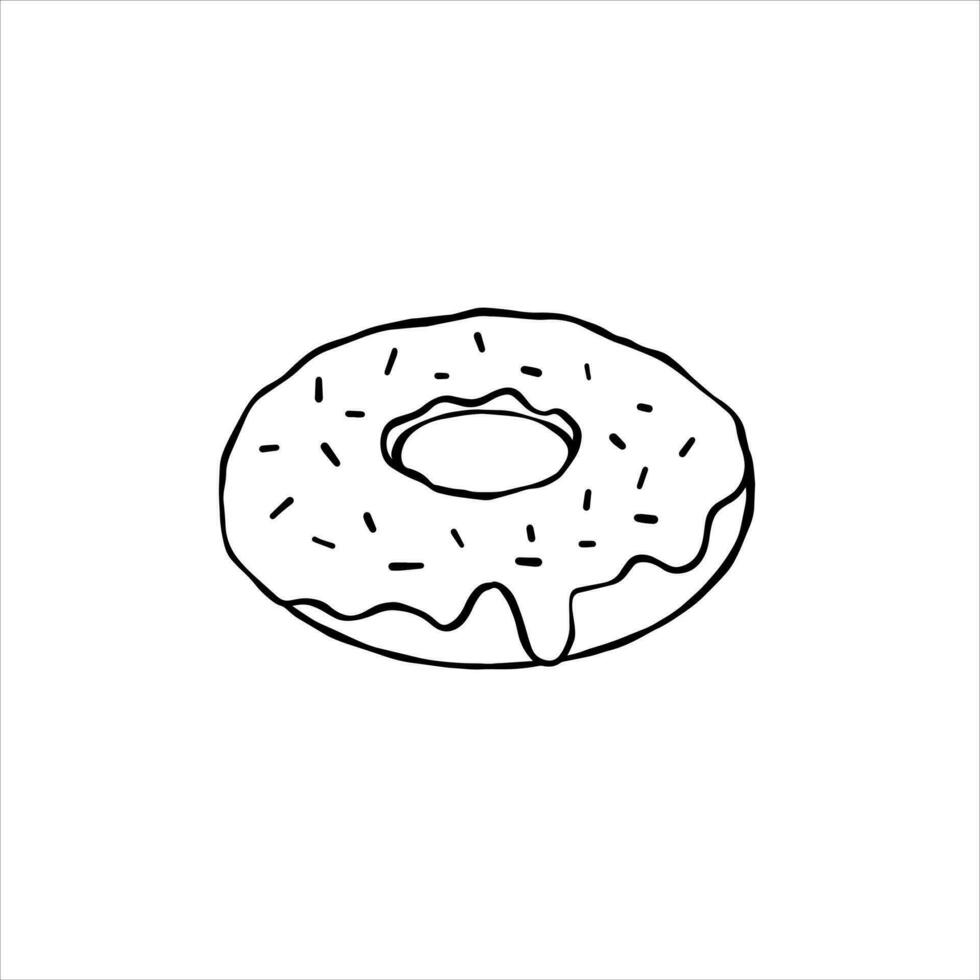 Donut with glaze. Sweet sugar dessert with icing. Outline cartoon illustration isolated on white background vector