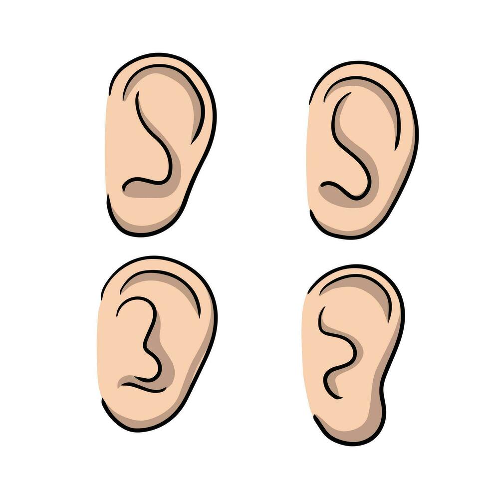 Ear. Part of human body. Eement of head. Symbol of hearing and eavesdropping. Set of different forms. Flat cartoon illustration vector