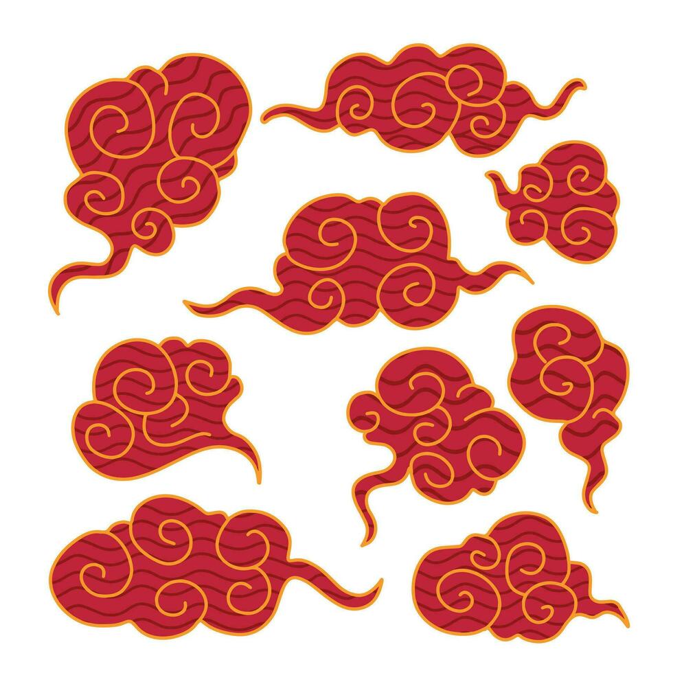 Red Gold Asian Chinese Clouds. Traditional retro ornaments in chinese, korean and japanese oriental style. Elements of Chinese New Year and Mid Autumn Festival isolated on white background vector