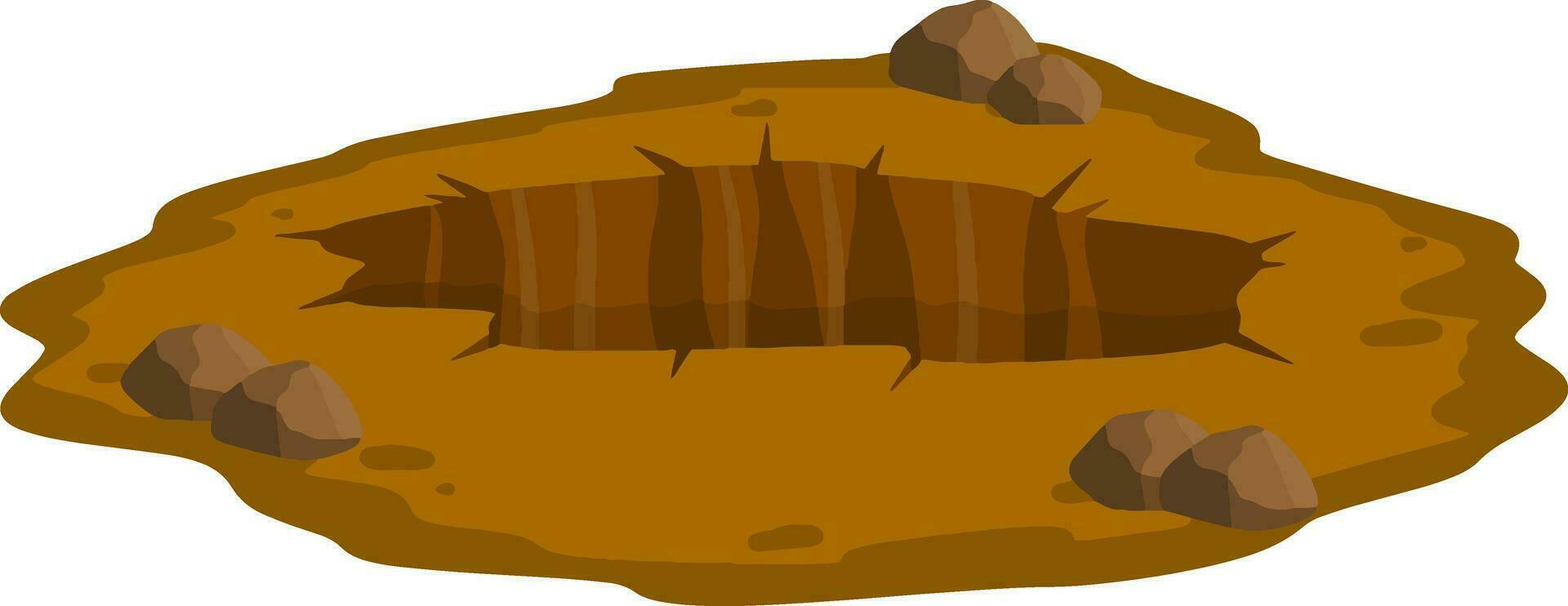Big hole in ground. Brown dry soil and mine. Element of desert landscape. Cartoon illustration vector