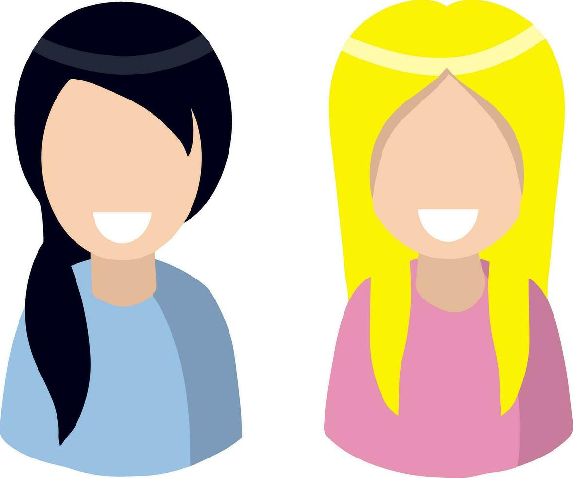 Set of women. Cute female characters. Brunette and blond hair. Two modern young girls. Avatar for social network in blue and pink. Flat cartoon illustration isolated on white vector