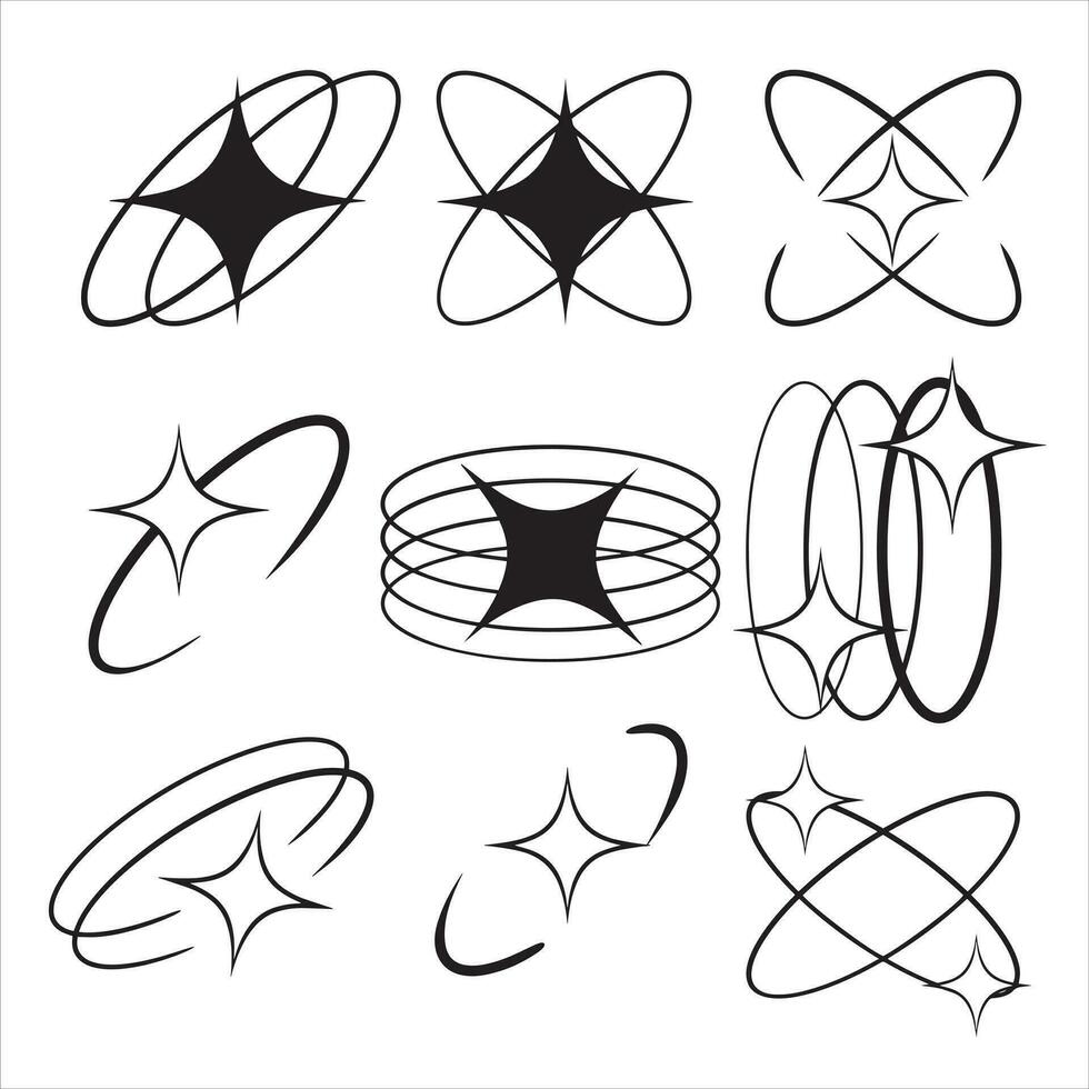 Y2K stars, starburst and retro futuristic graphic set. Collection of Trendy brutal rounded ring collection vector