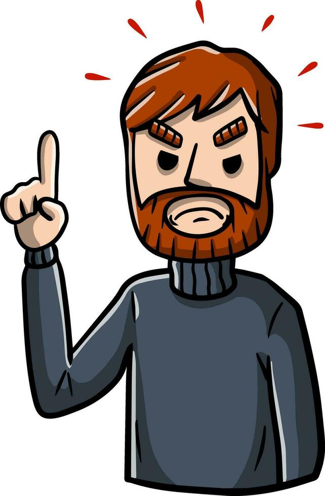 Stern man points with his finger. Negative emotion guy. Note and remark. Cartoon hand drawn sketch illustration. Angry hand gesture. Caution and attention vector