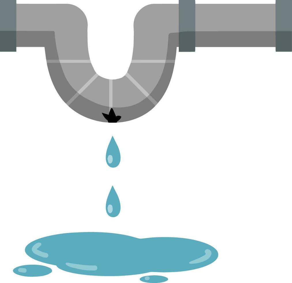 Steel pipe for water. Sewerage and water supply. Mechanical part. Kitchen tube. Home communication system. Cartoon flat illustration. Water leak, spill and blue drops. Broken part. vector