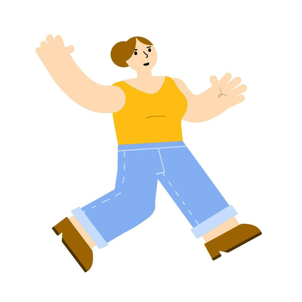 Woman run. Flat cartoon illustration. Happy girl in active motion. Hurrying character gestures vector