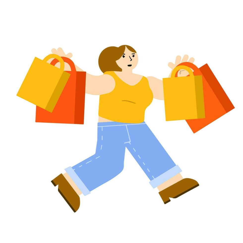 Young woman with bags. Female trendy character run. Girl walks with a package. Flat modern cartoon illustration. Shopping and purchasing vector