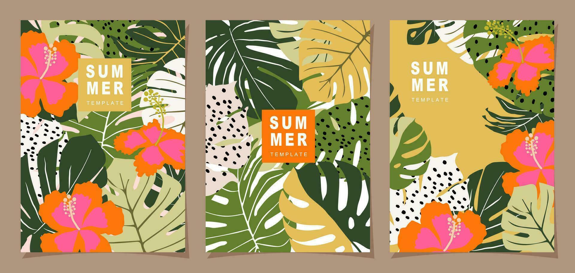 Tropical template set for poster, card, cover, label, banner in modern minimalist style and simple summer design templates with tropical leaves, flower, and plants. vector