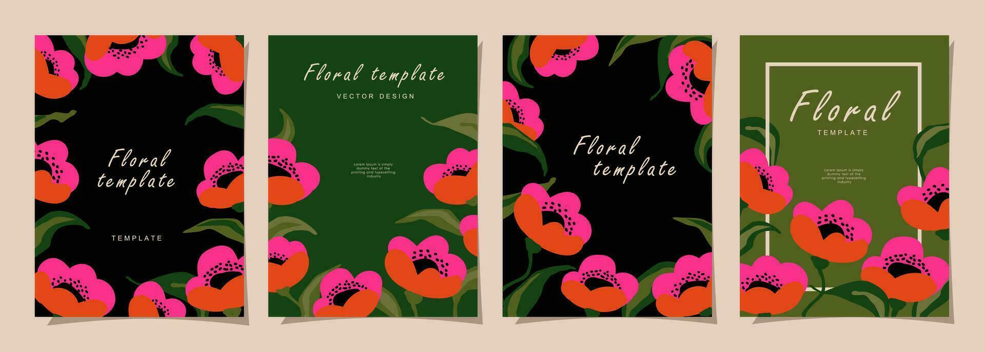 Floral template set for poster, card, cover, label, banner in modern minimalist style and simple summer design templates with flowers and plants. vector