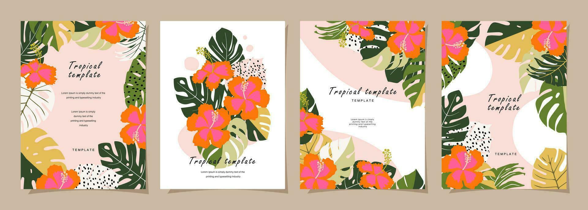 Tropical template set for poster, card, cover, label, banner in modern minimalist style and simple summer design templates with tropical leaves, flower, and plants. vector